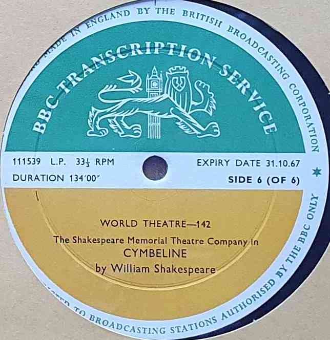 111536 World theatre - 142 - Cymbeline (Sides 3 & 6 of 6) William Shakespeare from the BBC records and Tapes library Label